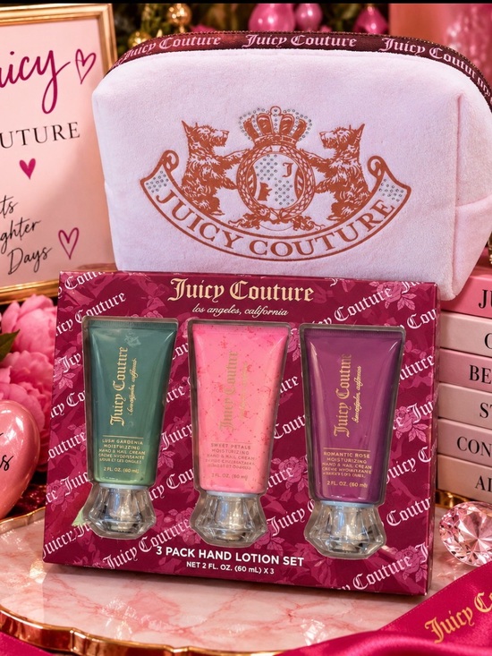 Juicy Couture Other - Juicy Couture 3-Pack Hand Lotion Set with Pink Velvet Pouch - Green Pink Purple